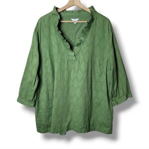 Crown & Ivy Green Textured Top Women's Size 4X 100% Cotton Ruffle Neck